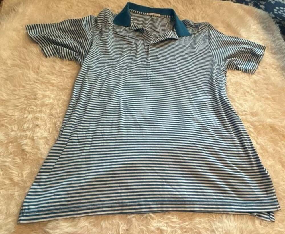 Peter Millar Blue and White Striped Short Sleeve Polo Shirt